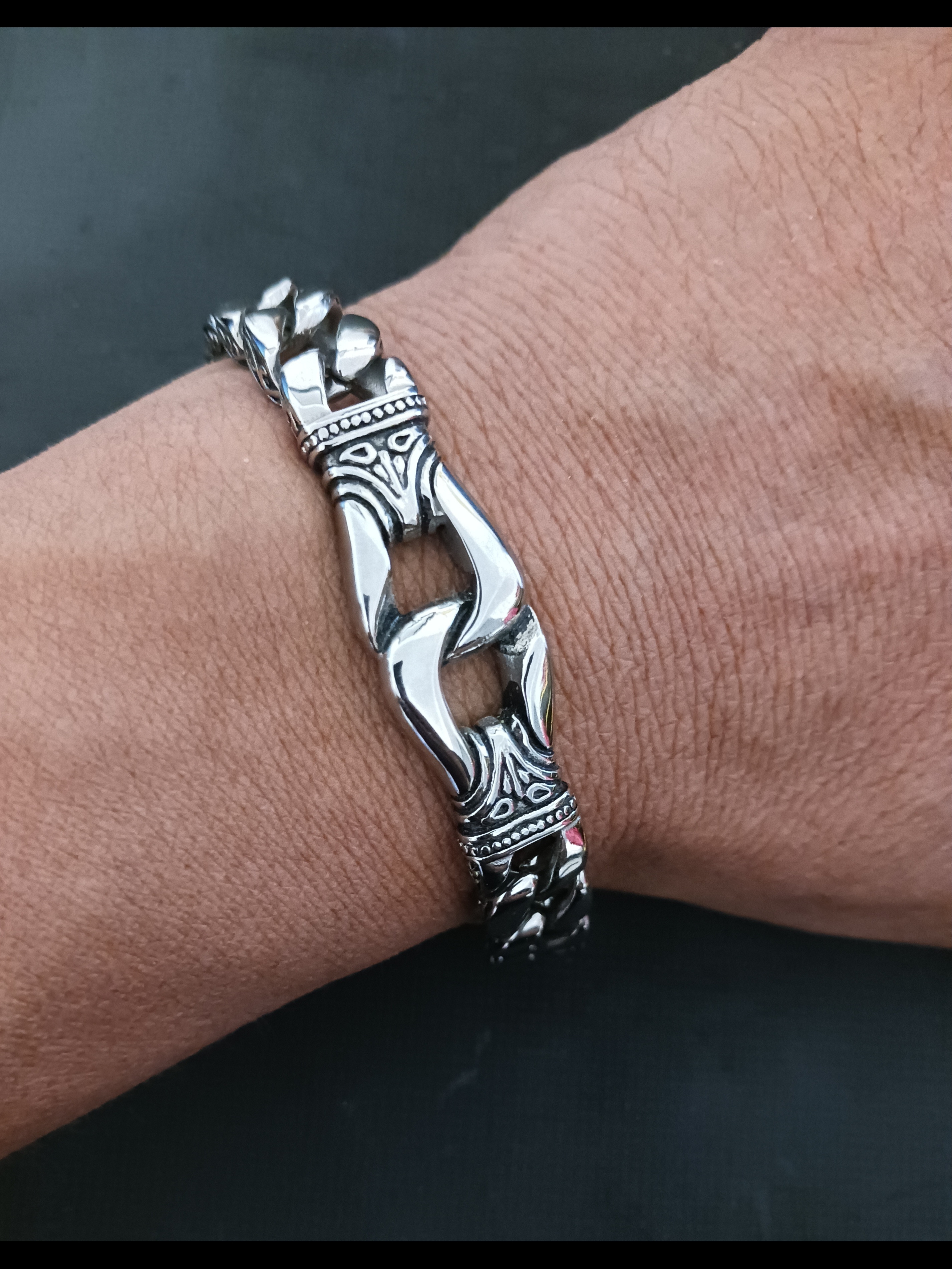 Mens SilverTone Ornate Link Bracelet